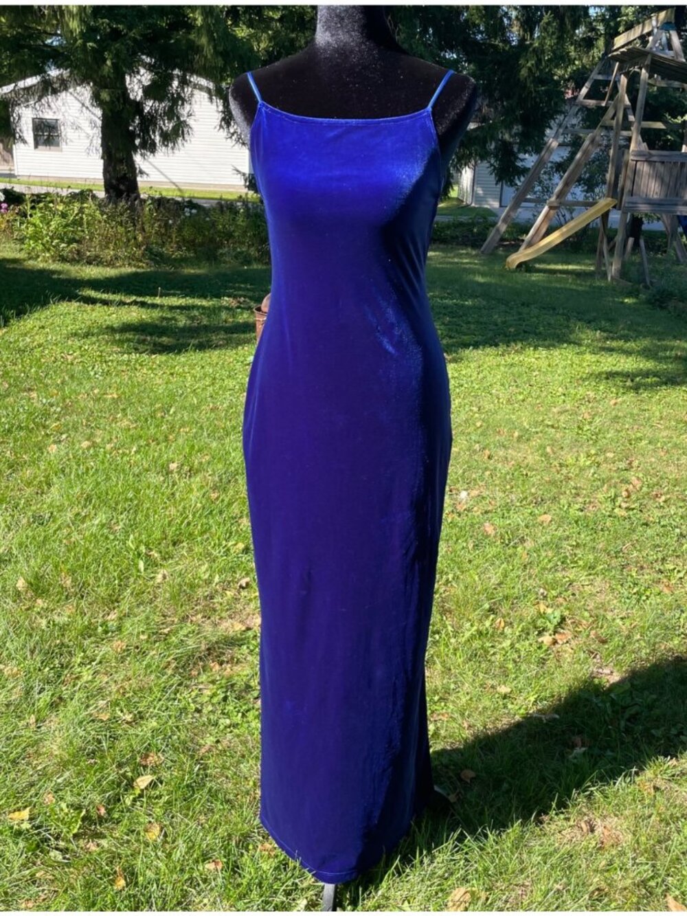 Vintage Y2K Status Dress Long Velvet Royal Blue Formal Hoco Stretchy M ICONIC
